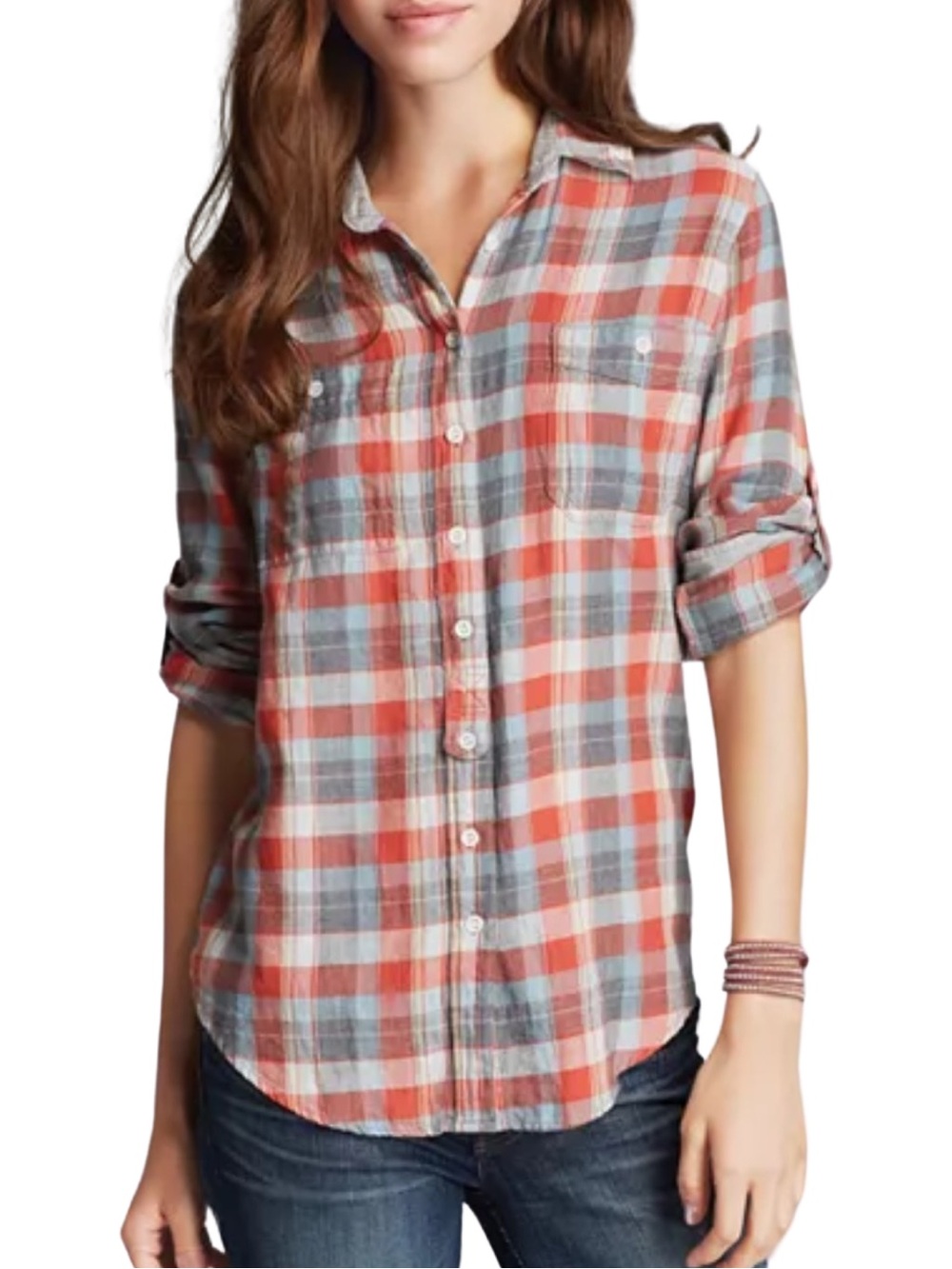 JACHS Girlfriend Gabi Plaid Print Pearl Snap 100% Cotton Shirt - L - Multi Color